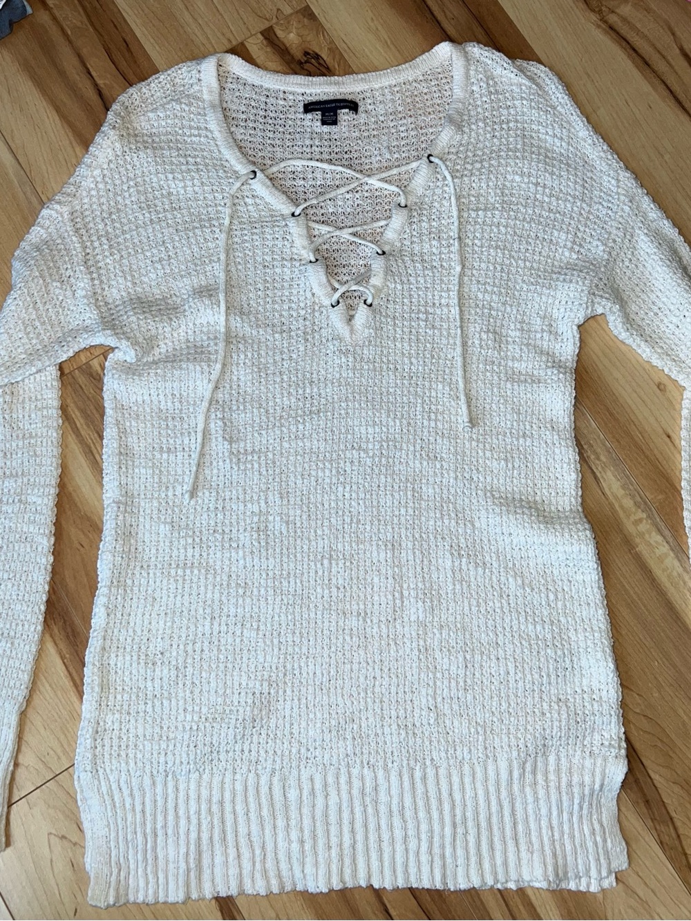 American Eagle Outfitters Cream Lace-Up V-Neck Sweater